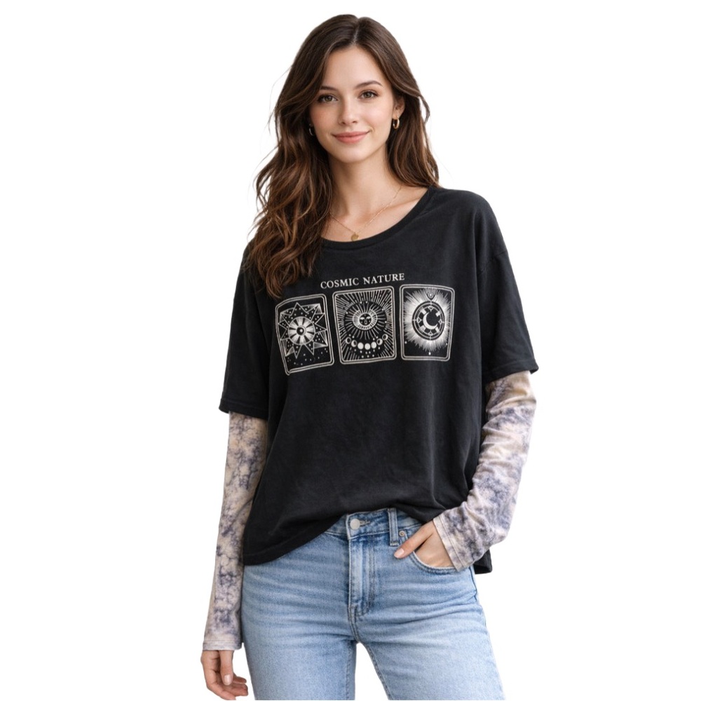 COSMIC NATURE long sleeved boxy tee in black and white with tie dye sleeves 🔮